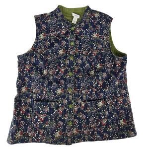 Quilted Ditsy Floral Reversible Vest Green Corduroy Womens 1x Granny Artsy Retro